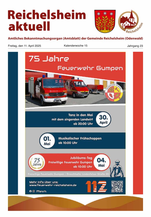 Reichelsheim aktuell - Amtsblatt der Gemeinde Reichelsheim(Odenwald) Titelblatt 15/2025