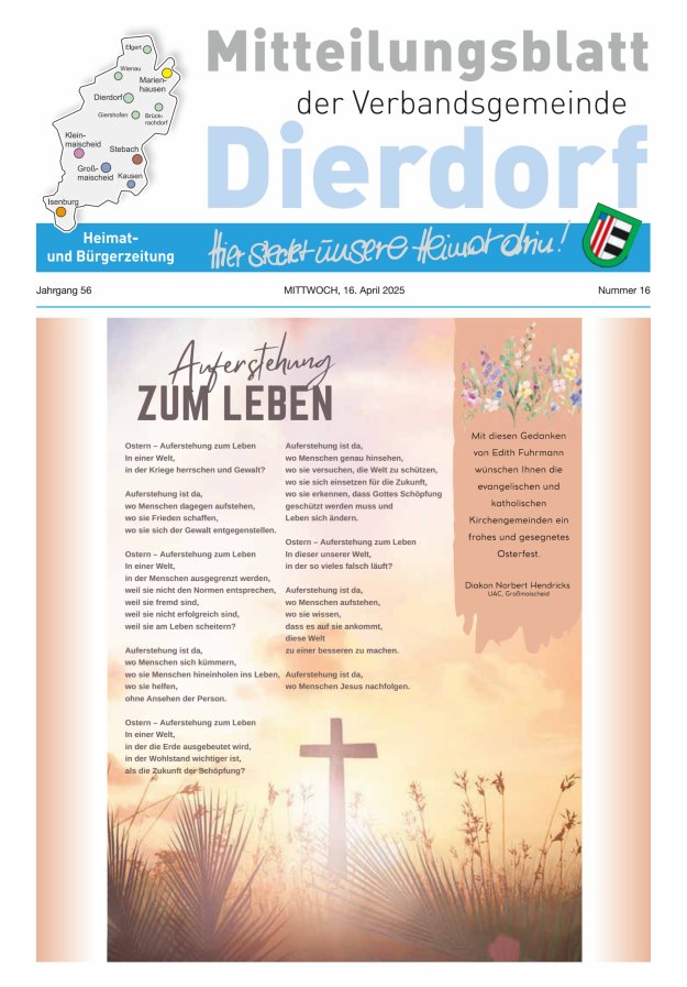 Mitteilungsblatt der Verbandsgemeinde Dierdorf Titelblatt 16/2025