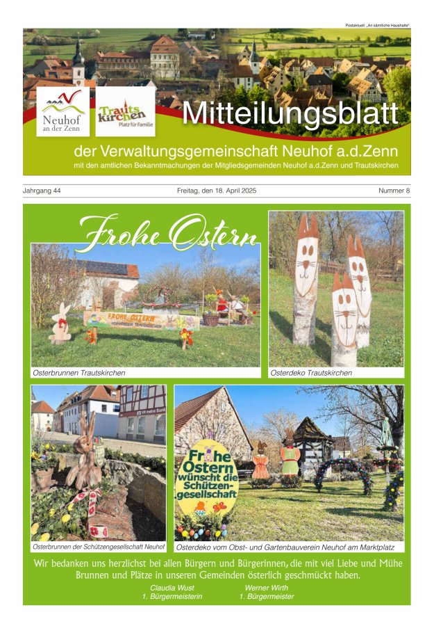 Mitteilungsblatt der Verwaltungsgemeinschaft Neuhof an der Zenn mit den amtlichen Bekanntmachungen der Mitgliedsgemeinden Neuhof an der Zenn und Trautskirchen Titelblatt 08/2025