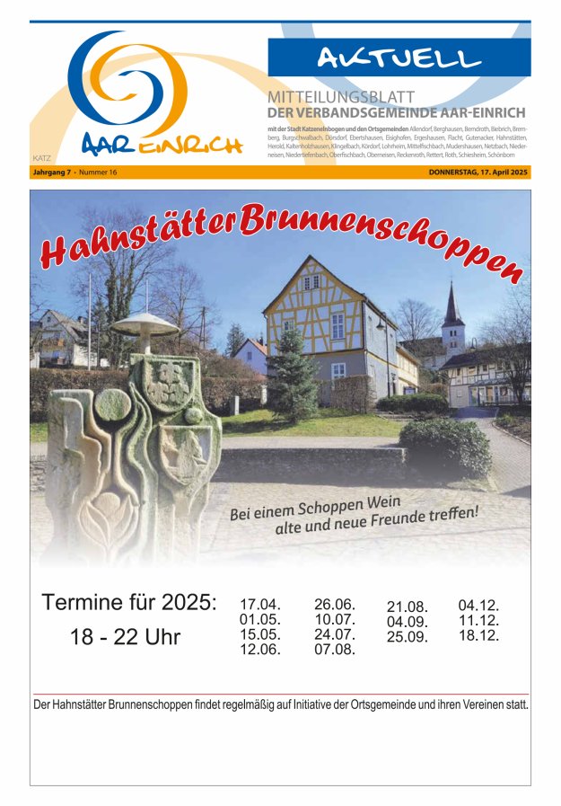 Mitteilungsblatt der Verbandsgemeinde Aar-Einrich Ausgabe Katzenelnbogen Titelblatt 16/2025
