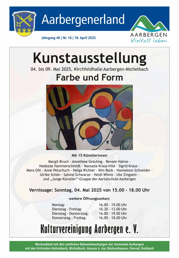 Aarbergenerland - Wochenblatt mit den amtlichen Bekanntmachungen Titelblatt 16/2025