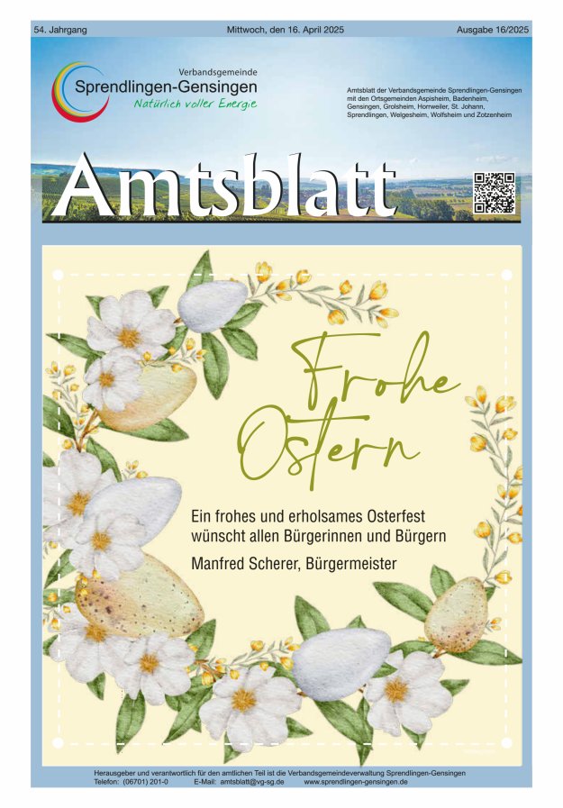 Amtsblatt VG Sprendlingen-Gensingen Titelblatt 16/2025