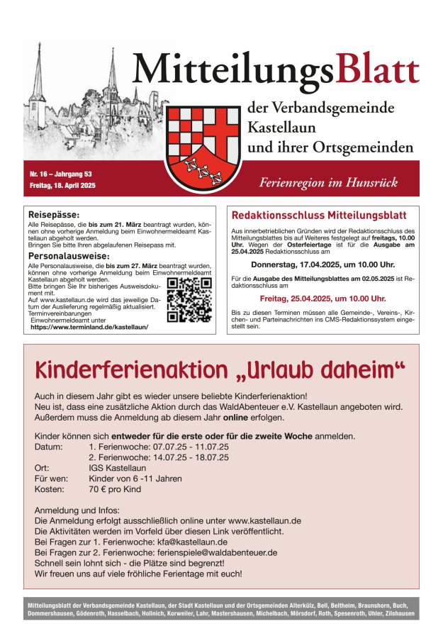 Mitteilungsblatt Kastellaun Titelblatt 16/2025