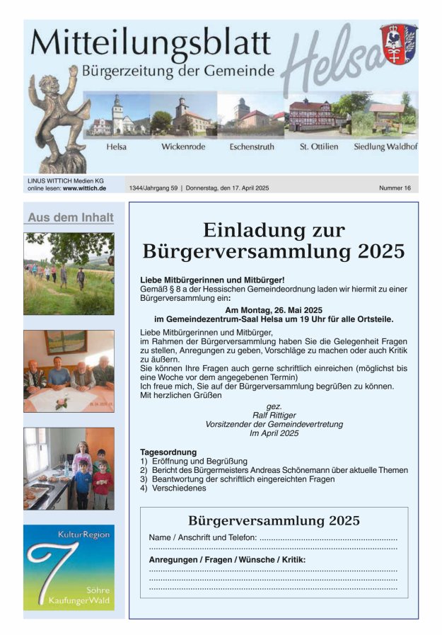 Mitteilungsblatt Helsa Titelblatt 16/2025