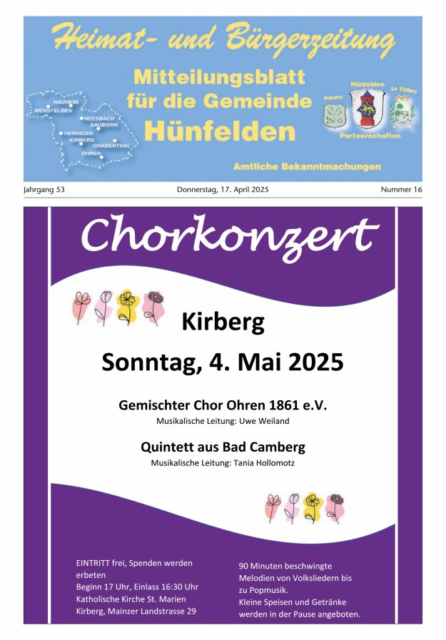 Mitteilungsblatt für die Gemeinde Hünfelden Titelblatt 16/2025