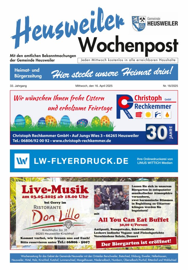 Heusweiler Wochenpost Titelblatt 16/2025
