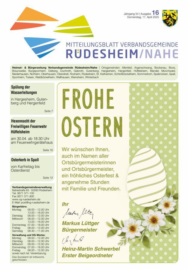 Mitteilungsblatt Verbandsgemeinde Rüdesheim und zugehörige Ortsgemeinden Titelblatt 16/2025