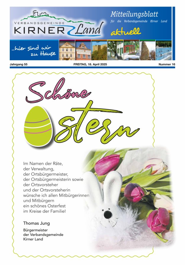 Mitteilungsblatt für den Bereich der Verbandsgemeinde Kirner Land Titelblatt 16/2025