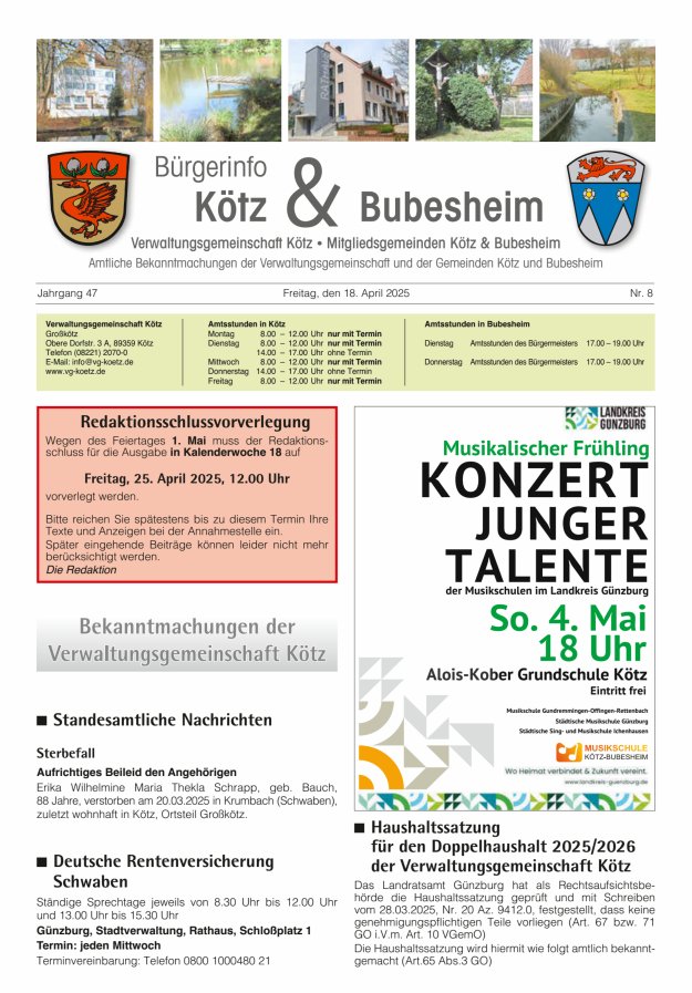 Amtsblatt der VG Kötz und der Mitgliedsgemeinden Titelblatt 08/2025