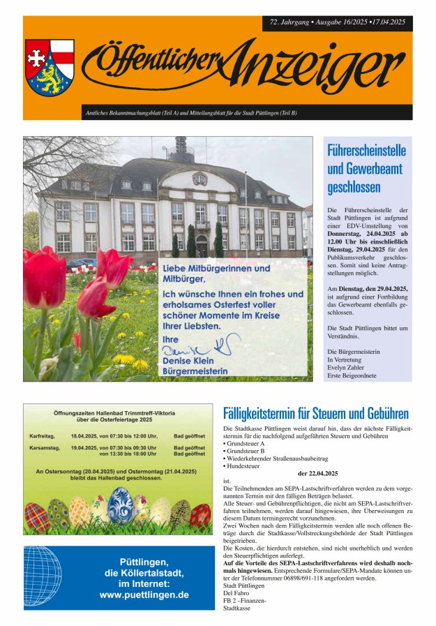 Öffentlicher Anzeiger - Stadt Püttlingen Titelblatt 16/2025