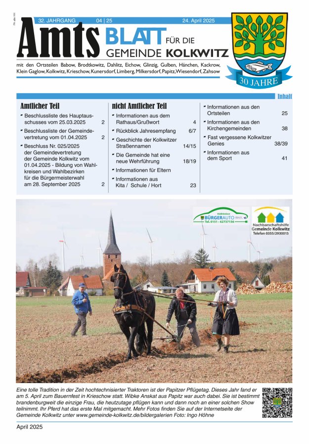 Amtsblatt für die Gemeinde Kolkwitz  Titelblatt 04/2025