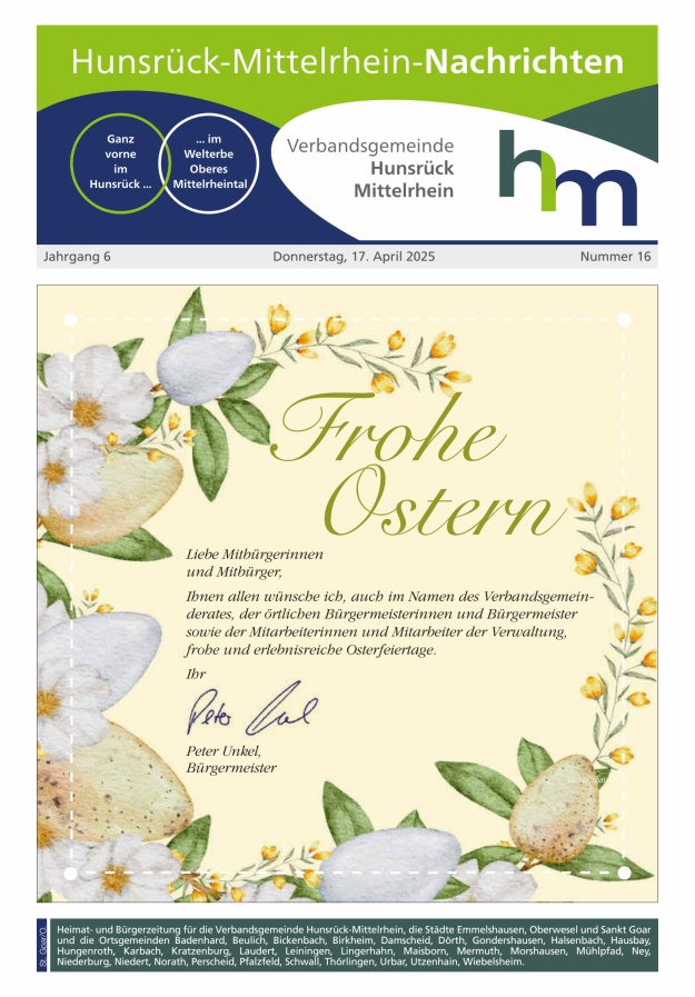 Hunsrück-Mittelrhein Nachrichten Ausgabe St Goar Oberwesel Titelblatt 16/2025