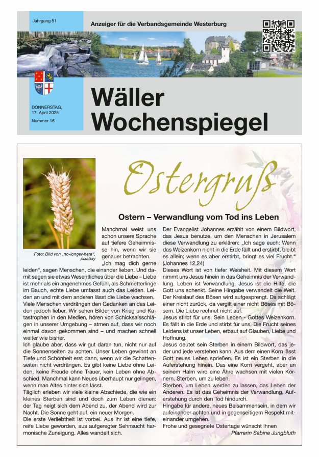 Wäller Wochenspiegel - Anzeiger für die Verbandsgemeinde Westerburg Titelblatt 16/2025