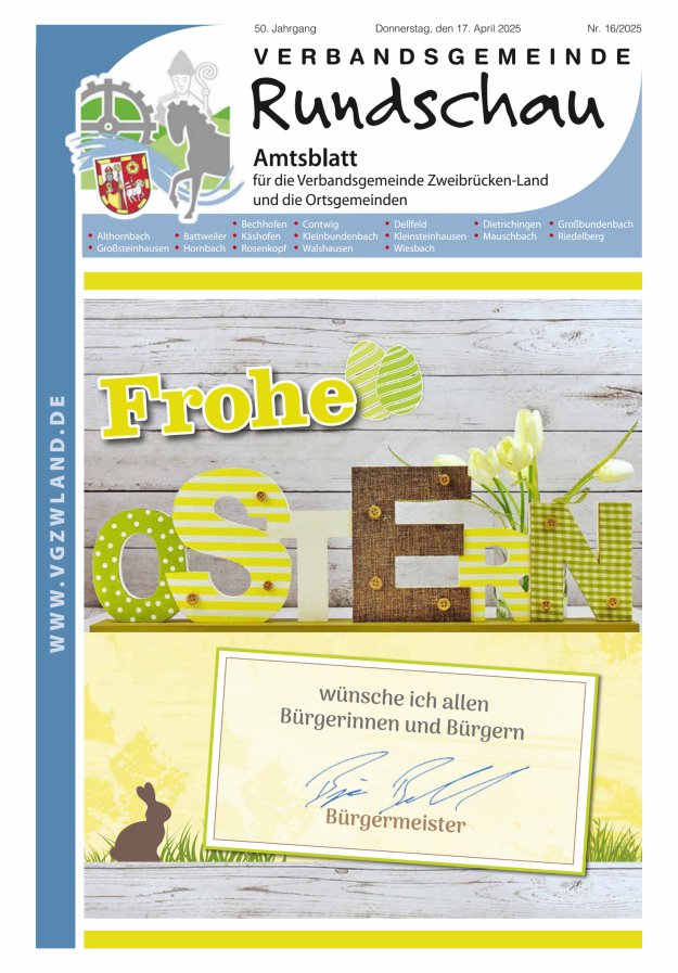 Verbandsgemeinde Rundschau Zweibrücken-Land Titelblatt 16/2025