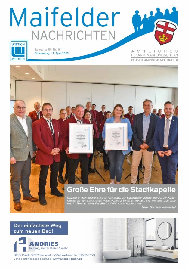 Maifelder Nachrichten - Wochenzeitung der Verbandsgemeinde Maifeld Titelblatt 16/2025