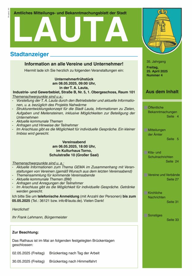 Amtliches Mitteilungs- und Bekanntmachungsblatt der Stadt Lauta - Stadtanzeiger Titelblatt 04/2025