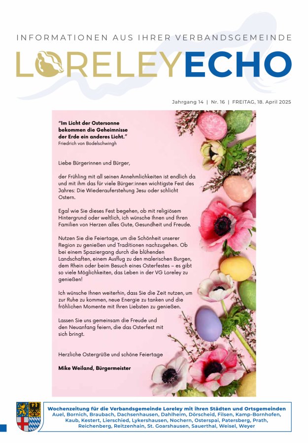 Loreley-Echo - Mitteilungsblatt der Verbandsgemeinde Loreley (Braubach) Titelblatt 16/2025