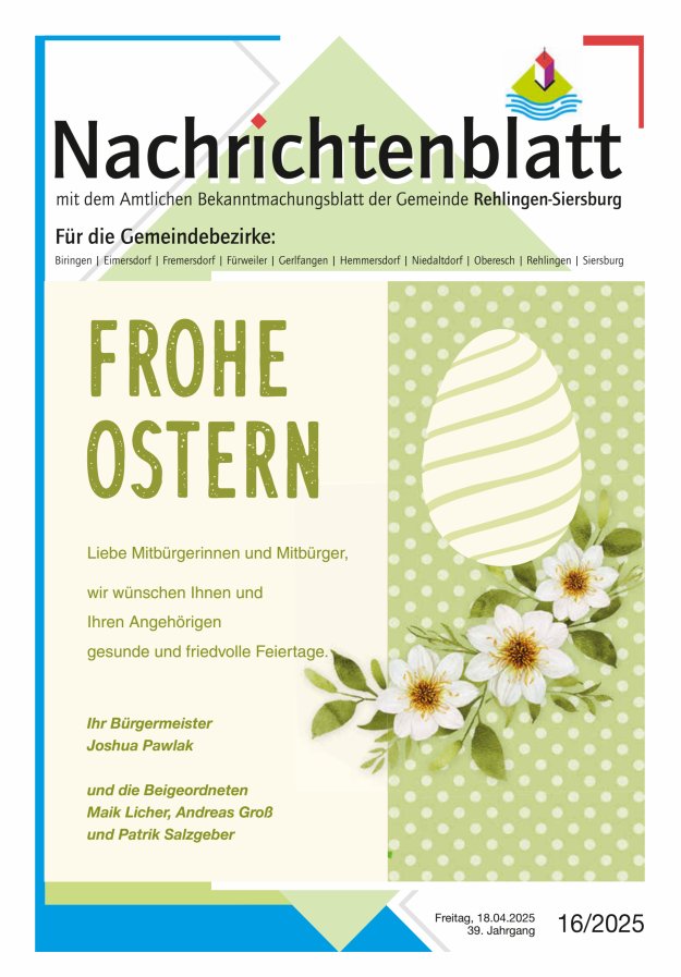 Nachrichtenblatt Rehlingen-Siersburg Titelblatt 16/2025