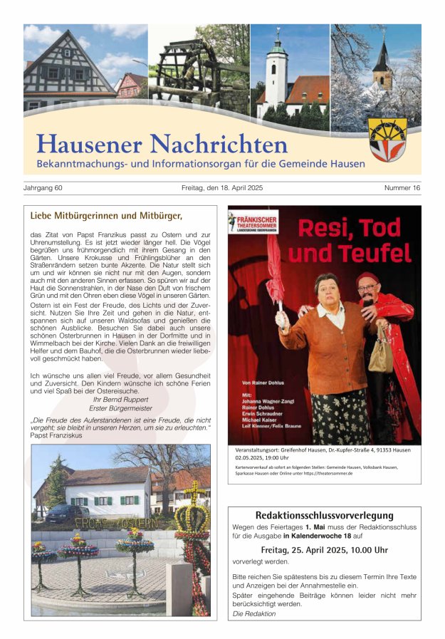 Hausener Nachrichten Titelblatt 16/2025