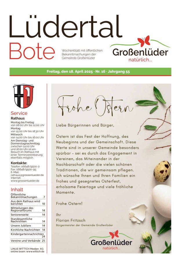 Wochenblatt mit öffentlichen Bekanntmachungen der Gemeinde Großenlüder Titelblatt 16/2025