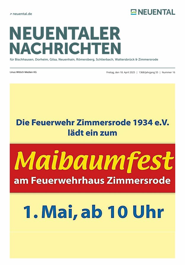 Neuentaler Nachrichten Titelblatt 16/2025