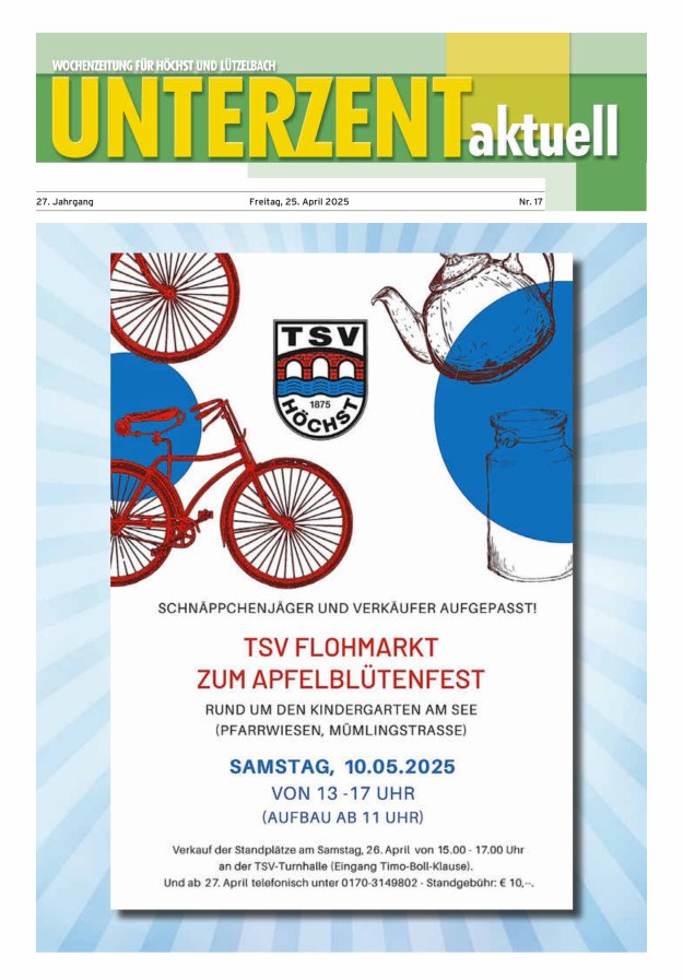 Unterzent aktuell Wochenzeitung für Höchst und Lützelbach Titelblatt 17/2025