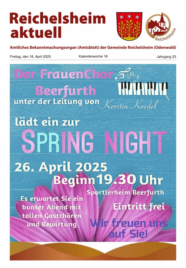 Reichelsheim aktuell - Amtsblatt der Gemeinde Reichelsheim(Odenwald) Titelblatt 16/2025
