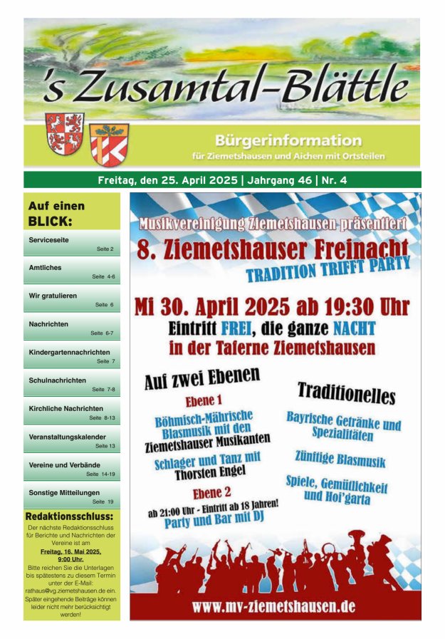 's Zusamtal-Blättle Bürgerinformationen für Ziemetshausen und Aichen mit OTen Titelblatt 04/2025