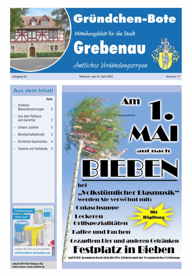 Grebenau - Gründchen Bote - Mitteilungsblatt für die Stadt Grebenau Titelblatt 17/2025