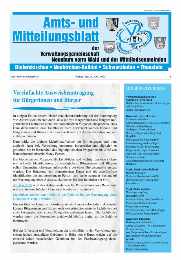 Amts- u Mitteilungsblatt der VG Neunburg vorm Wald u d Mitgliedsgemeinden Titelblatt 04/2025