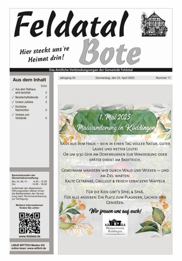 Das Amtliche Verkündungsorgan der Gemeinde Feldatal Titelblatt 17/2025