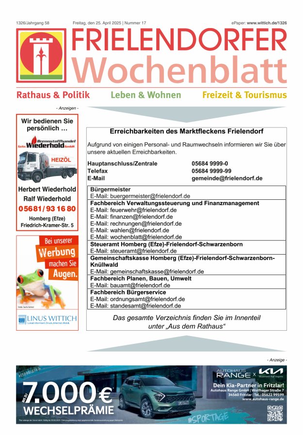 Frielendorfer Wochenblatt Titelblatt 17/2025