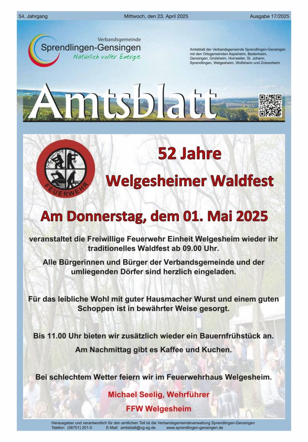 Amtsblatt VG Sprendlingen-Gensingen Titelblatt 17/2025