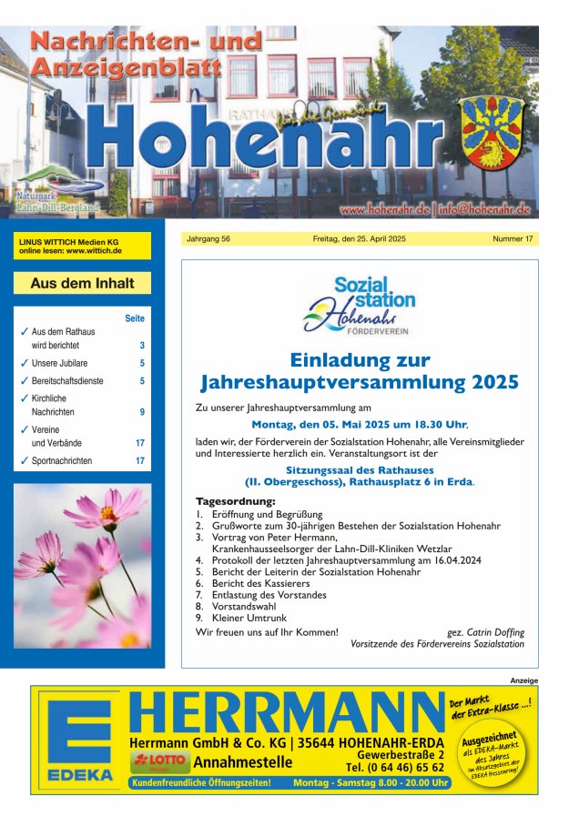 Nachrichten- und Anzeigenblatt für die Gemeinde Hohenahr Titelblatt 17/2025