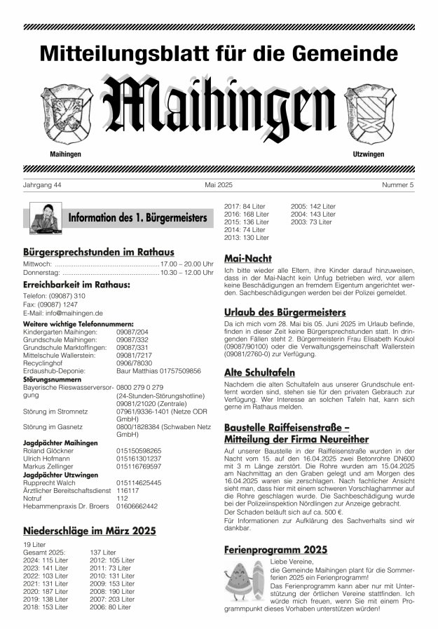 Mitteilungsblatt für die Gemeinde Maihingen Titelblatt 05/2025