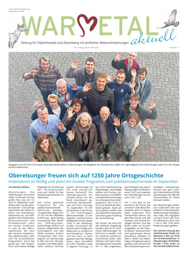 Warmetal aktuell (Habichtswald + Zierenberg) Titelblatt 17/2025