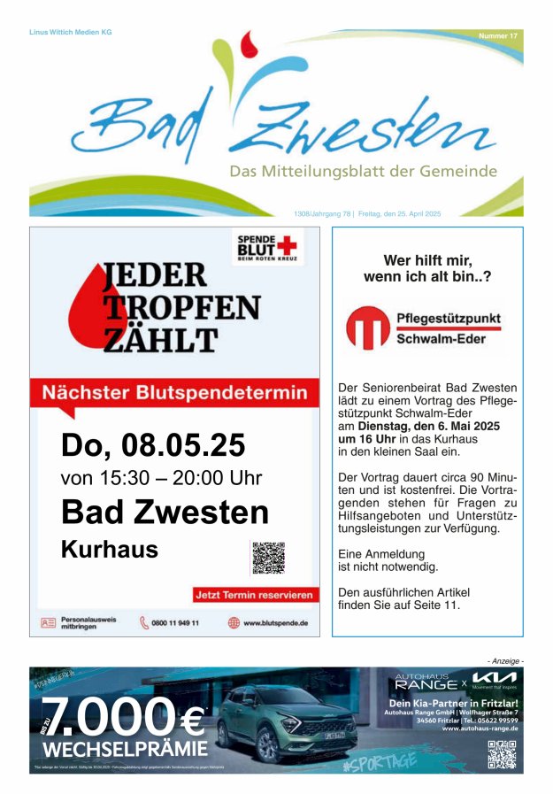 Heimatzeitung Bad Zwesten Titelblatt 17/2025
