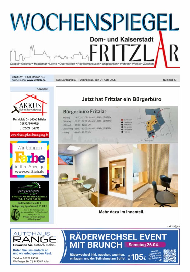 Wochenspiegel Dom- und Kaiserstadt Fritzlar Titelblatt 17/2025