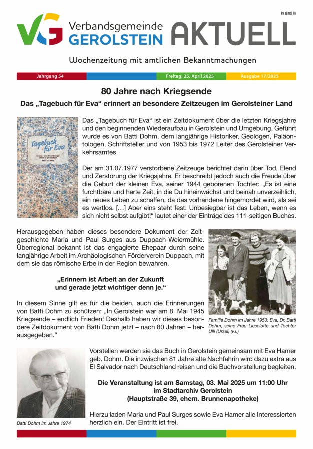 Verbandsgemeinde Gerolstein aktuell Titelblatt 17/2025