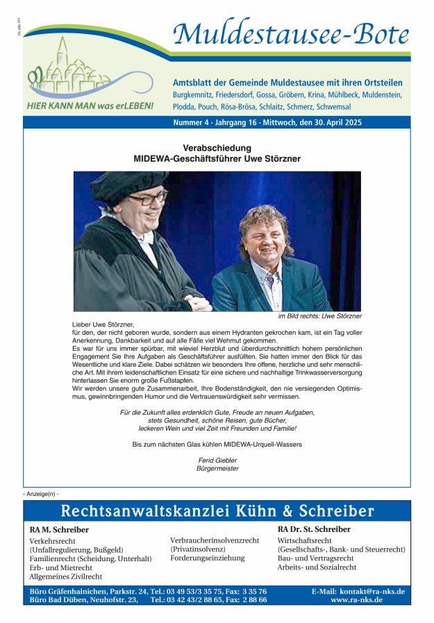 Muldestausee-Bote – Amtsblatt der Gemeinde Muldestausee mit ihren Ortsteilen Titelblatt 04/2025