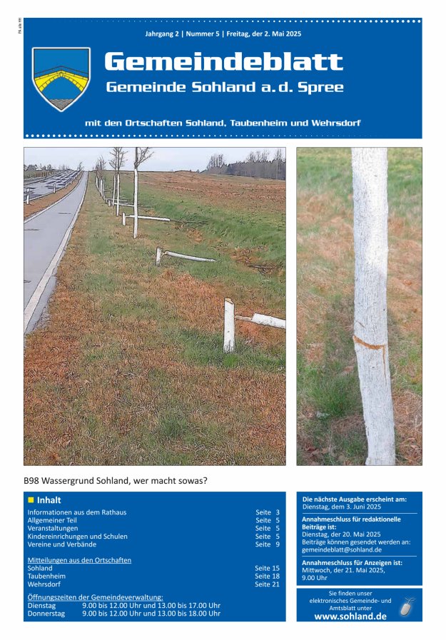 Amtsblatt der Gemeinde Sohland a. d. Spree mit den Ortschaften Sohland, Taubenheim und Wehrsdorf Titelblatt 05/2025