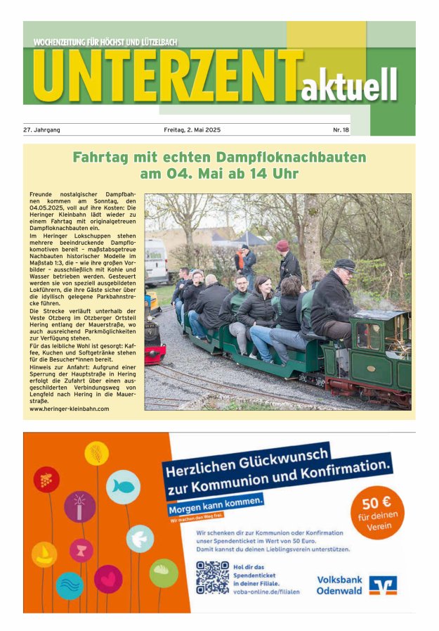 Unterzent aktuell Wochenzeitung für Höchst und Lützelbach Titelblatt 18/2025