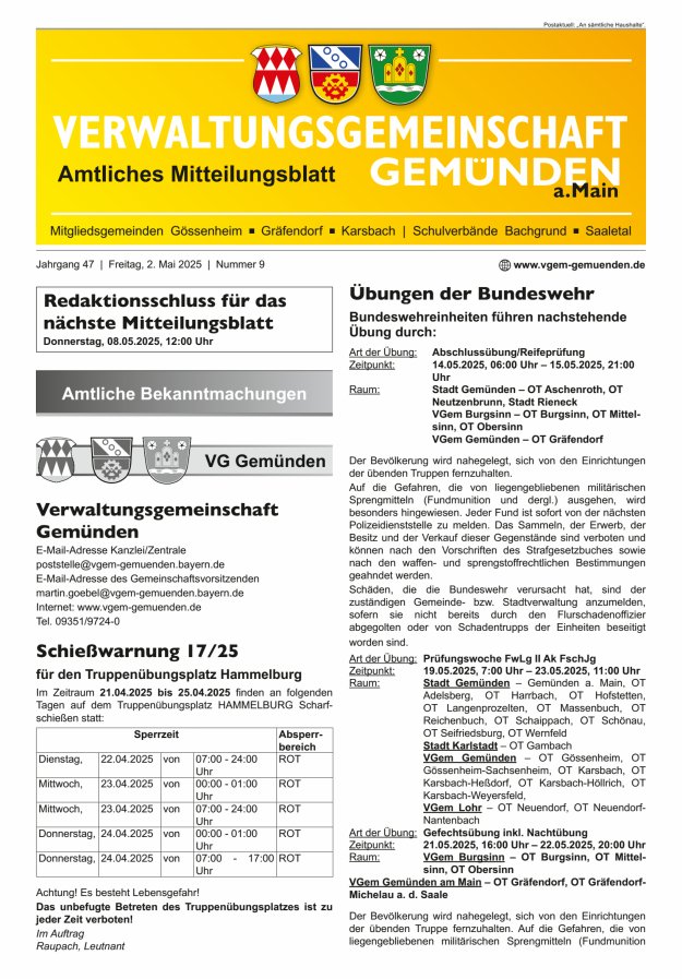 Mitteilungsblatt der VG Gemünden a Main Titelblatt 09/2025