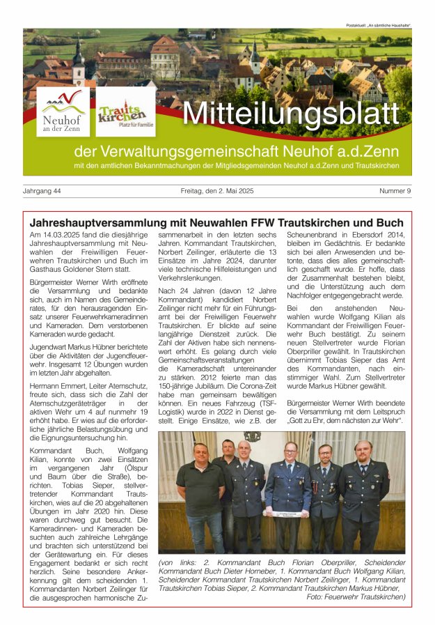 Mitteilungsblatt der Verwaltungsgemeinschaft Neuhof an der Zenn mit den amtlichen Bekanntmachungen der Mitgliedsgemeinden Neuhof an der Zenn und Trautskirchen Titelblatt 09/2025