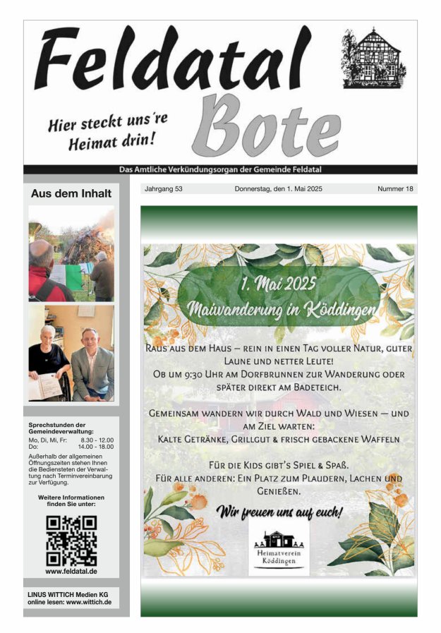 Das Amtliche Verkündungsorgan der Gemeinde Feldatal Titelblatt 18/2025