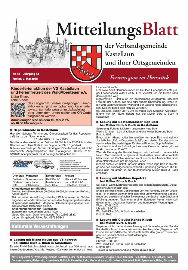 Mitteilungsblatt Kastellaun Titelblatt 18/2025