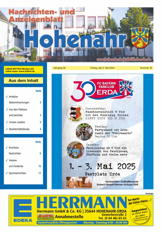 Nachrichten- und Anzeigenblatt für die Gemeinde Hohenahr Titelblatt 18/2025