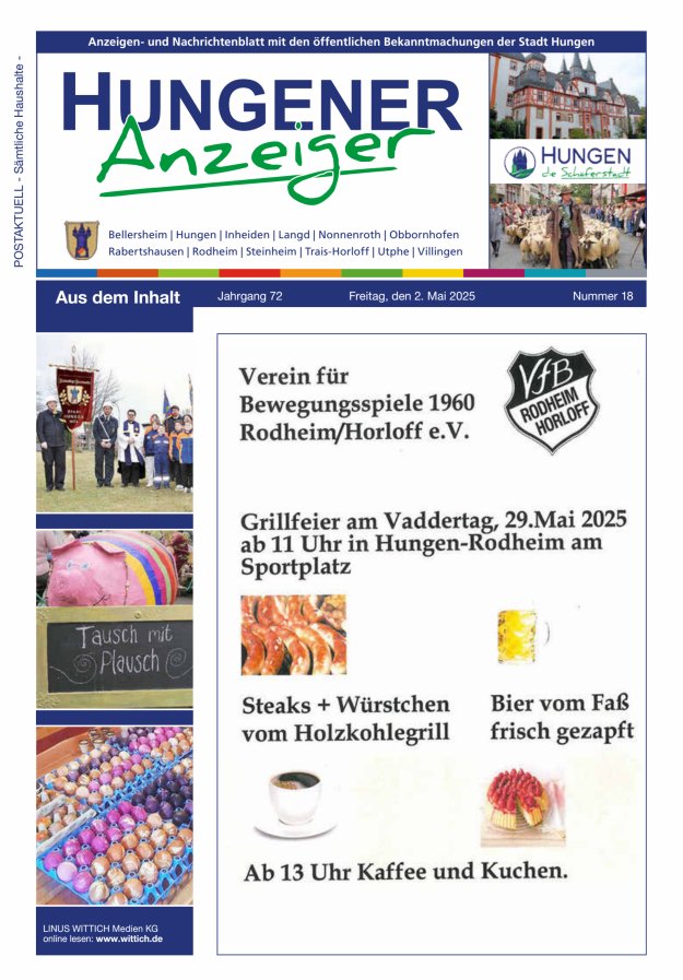 Anzeigen- und Nachrichtenblatt mit den öff  Bekanntmachungen der Stadt Hungen Titelblatt 18/2025