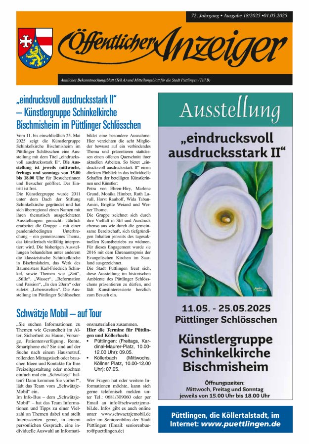 Öffentlicher Anzeiger - Stadt Püttlingen Titelblatt 18/2025