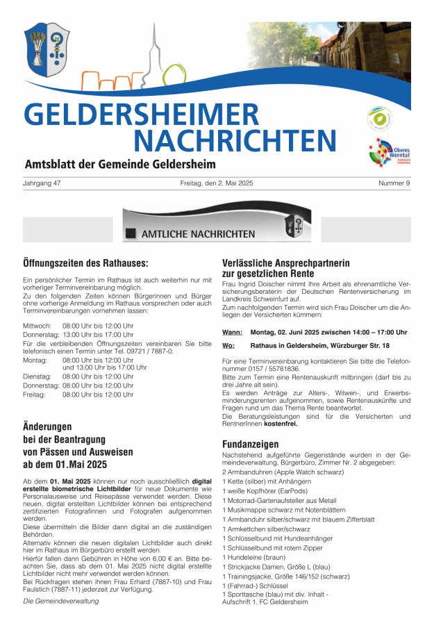 Geldersheimer Nachrichten Amtsblatt der Gemeinde Geldersheim Titelblatt 09/2025